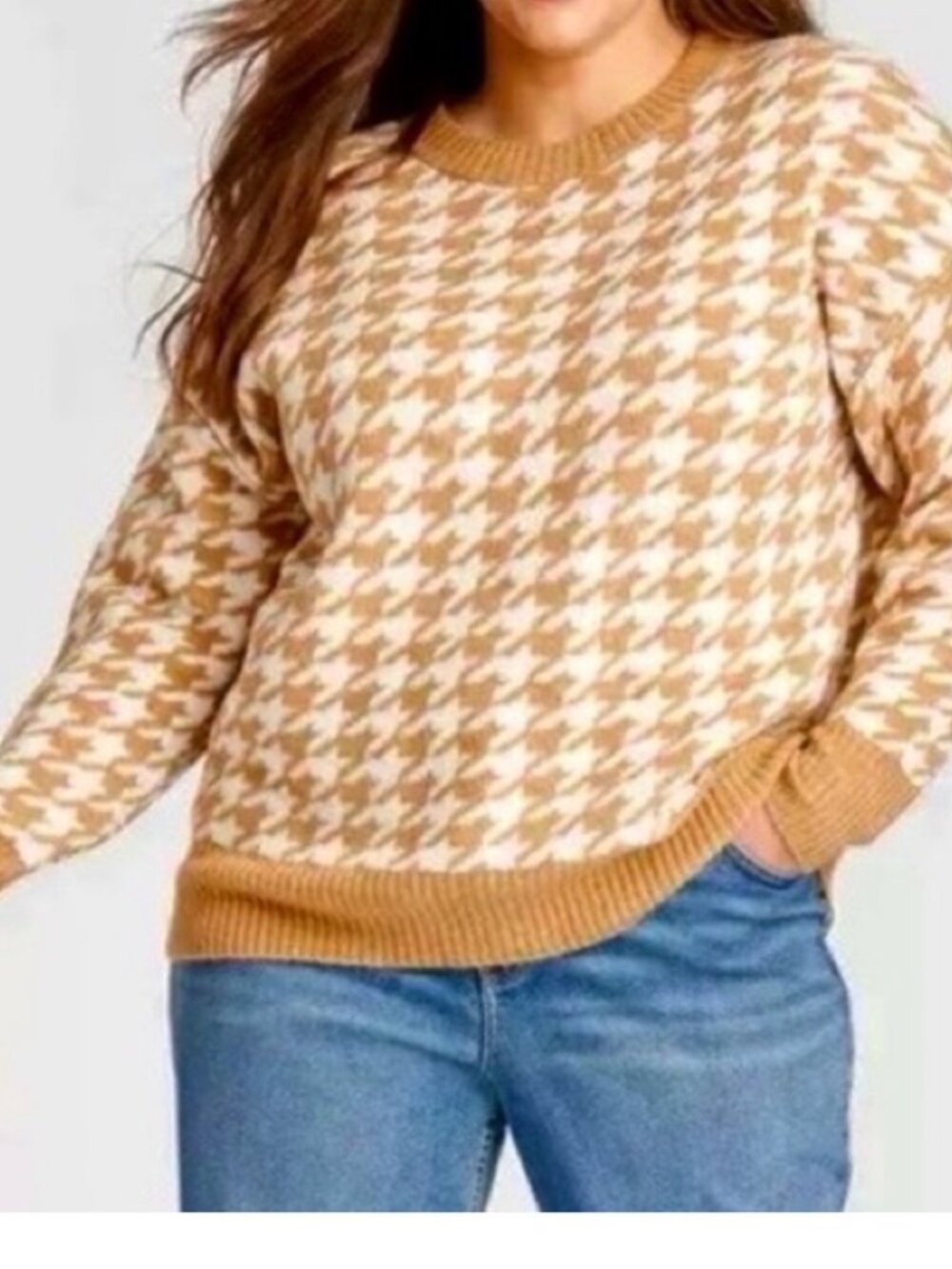 Ava & Viv Tan & White Knit Chunky Houndstooth Crewneck Sweater, 2X